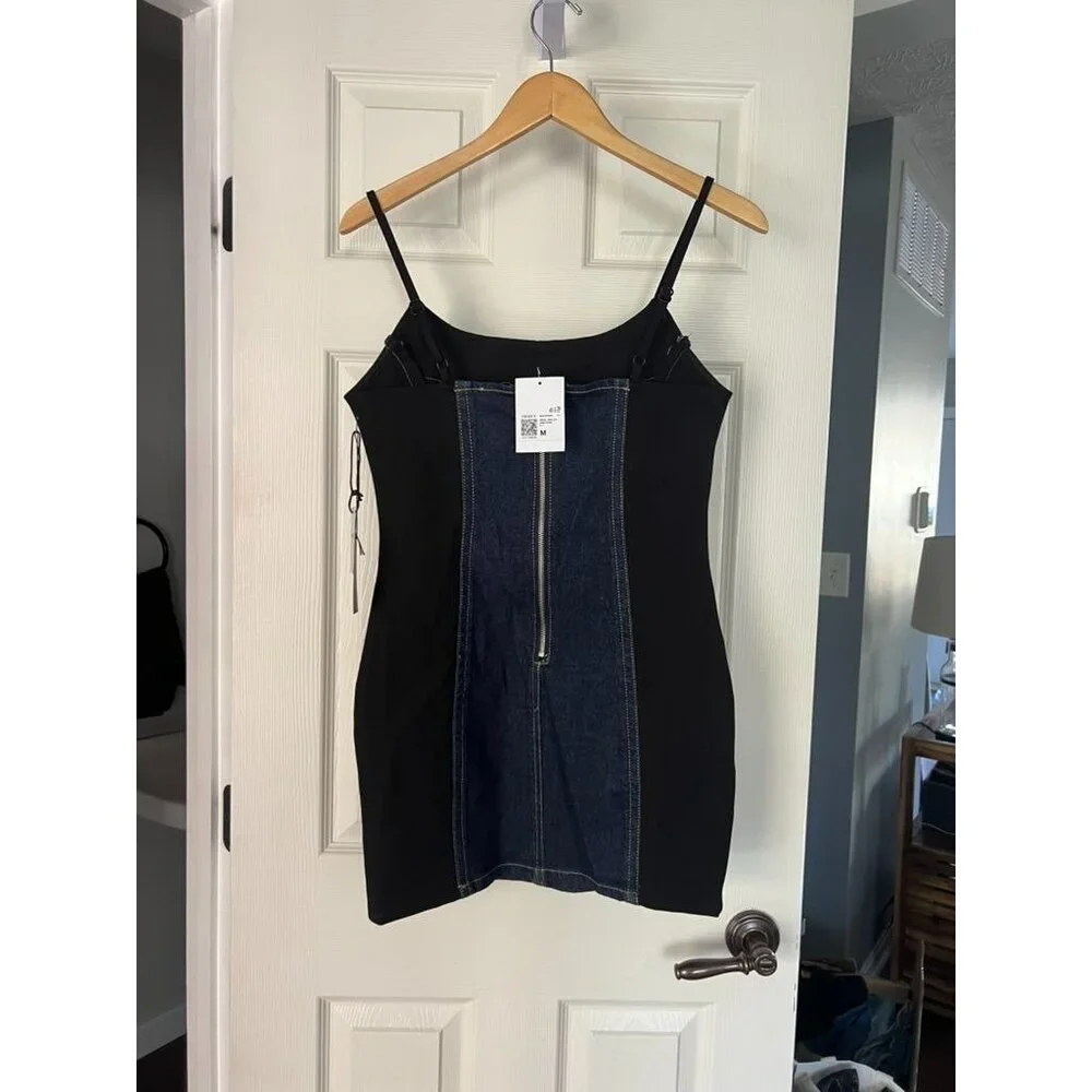 Forever 21 Dark Denim Paneled Mini Dress Black Corset Style Adjustable Straps M - Picture 4 of 7